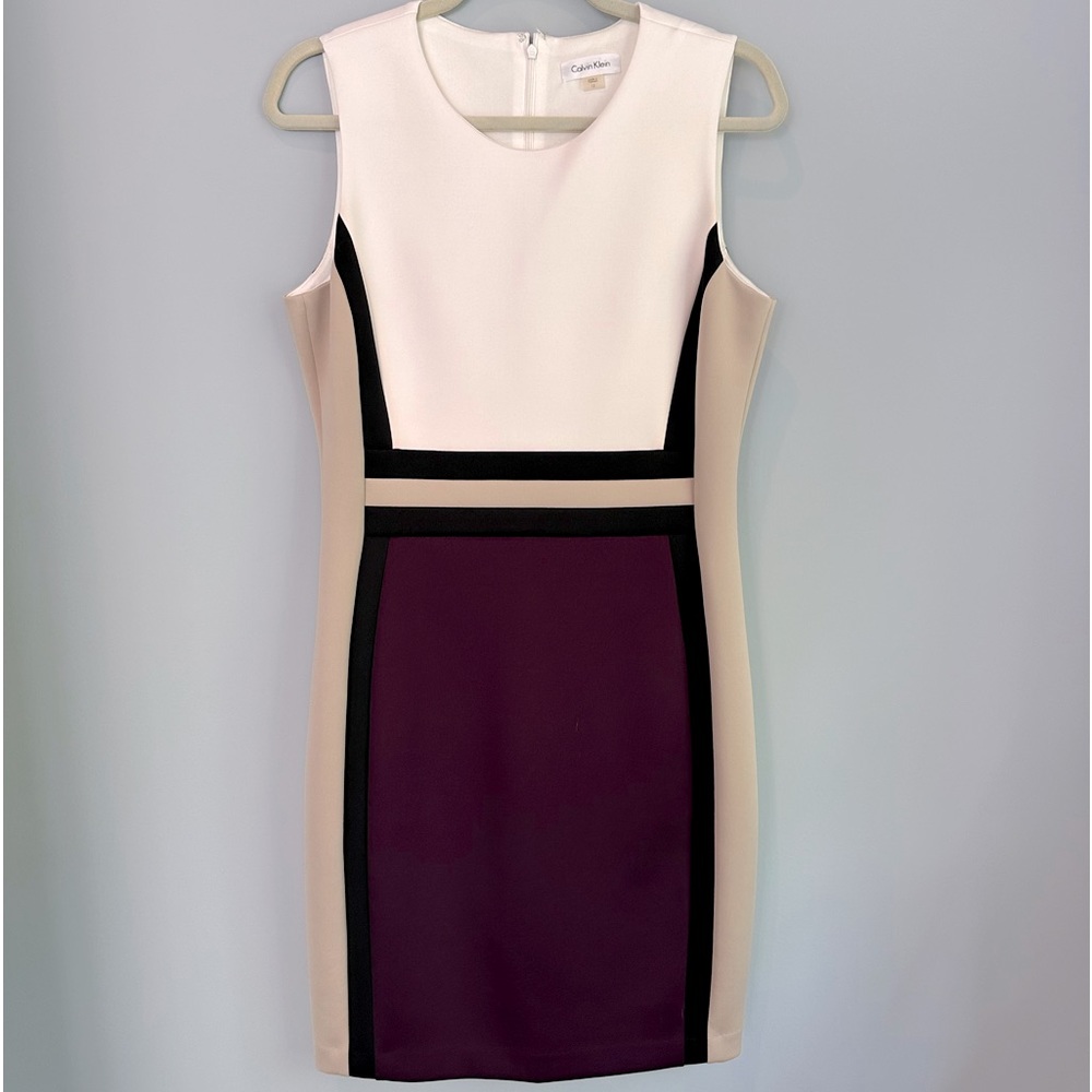 Calvin Klein ladies color lock shift dress in plumb, cream and black, size 12.